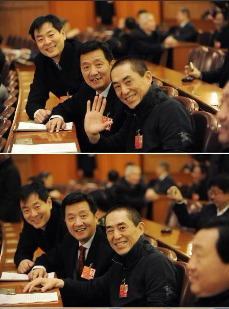 3月3日，中國(guó)人民政治協(xié)商會(huì)議第十一屆全國(guó)委員會(huì)第五次會(huì)議在北京人民大會(huì)堂開幕。這是開幕會(huì)前，全國(guó)政協(xié)委員張藝謀（右）、張會(huì)軍、濮存昕（左）向會(huì)場(chǎng)中的媒體記者揮手問(wèn)好。新華社記者 王建華 攝