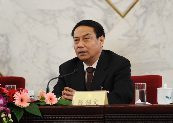 全國(guó)政協(xié)于3月6日15時(shí)在人民大會(huì)堂一樓新聞發(fā)布廳舉行主題為“穩(wěn)中求進(jìn)，推動(dòng)經(jīng)濟(jì)社會(huì)科學(xué)發(fā)展”的記者會(huì)，邀請(qǐng)全國(guó)政協(xié)委員厲以寧、許善達(dá)、陳錫文、馬秀紅、楊凱生、任洪斌圍繞經(jīng)濟(jì)發(fā)展問題回答中外記者提問。圖為全國(guó)政協(xié)委員、中央財(cái)經(jīng)領(lǐng)導(dǎo)小組辦公室副主任、中央農(nóng)村工作領(lǐng)導(dǎo)小組辦公室主任陳錫文答問。陳競(jìng)超 攝