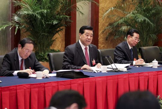 3月8日，中共中央政治局常委、全國(guó)政協(xié)主席賈慶林參加全國(guó)政協(xié)十一屆五次會(huì)議民盟界政協(xié)委員聯(lián)組討論。