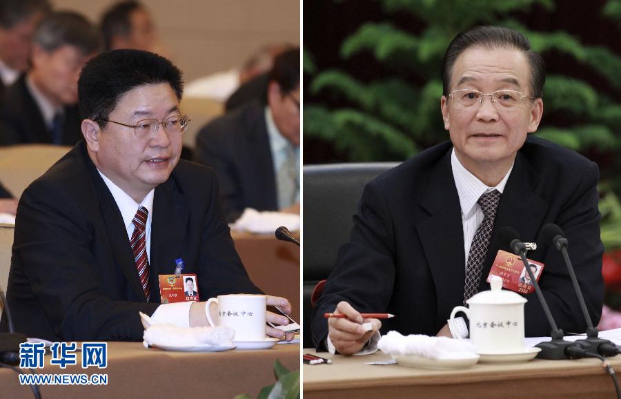 “作為一名農(nóng)業(yè)界委員，我最關(guān)注的是‘三農(nóng)’問(wèn)題。我在基層調(diào)研中了解到，很多農(nóng)民現(xiàn)在有新的愿望和新的期盼，我歸納為農(nóng)民新九盼。”3月8日下午，溫家寶總理看望政協(xié)經(jīng)濟(jì)、農(nóng)業(yè)界委員并參加聯(lián)組討論。河南省工商聯(lián)副主席、河南綠色中原現(xiàn)代農(nóng)業(yè)集團(tuán)董事長(zhǎng)宋豐強(qiáng)第三個(gè)起來(lái)發(fā)言。左圖：全國(guó)政協(xié)委員宋豐強(qiáng)在發(fā)言。 右圖：溫家寶總理與宋豐強(qiáng)委員交流。 新華社記者 龐興雷 攝