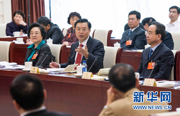 3月4日，中共中央政治局常委、國務(wù)院副總理張德江看望出席全國政協(xié)十二屆一次會議的民革、臺盟、臺聯(lián)界委員并參加聯(lián)組會。 新華社記者 王曄攝